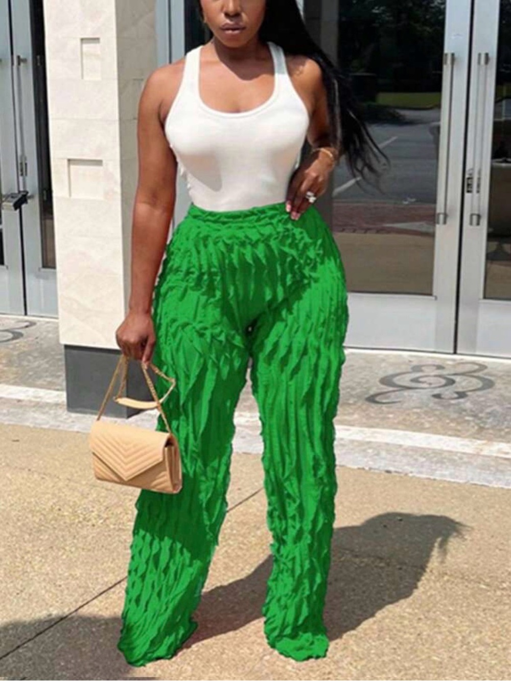 High-Waist Green Textured Wide-Leg Pants
